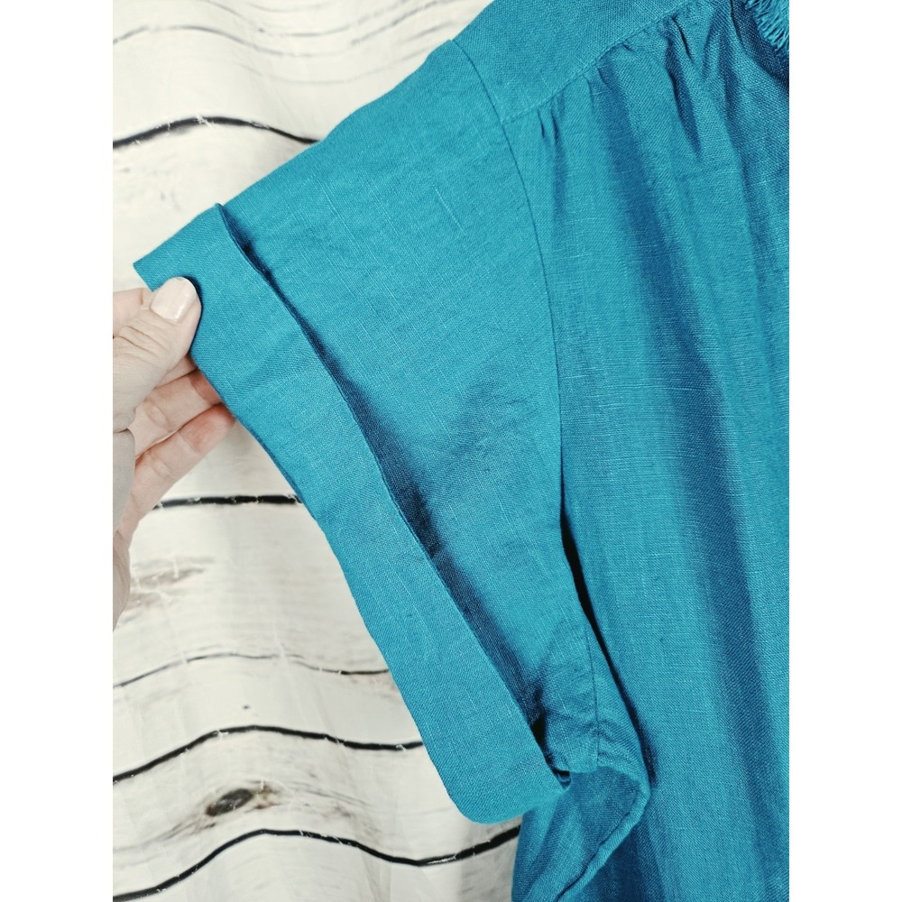 Chico's Teal Beaded Linen Tiered Dress 2 Womens US 12 Midi Ruffle Short Sleeves - Picture 4 of 8